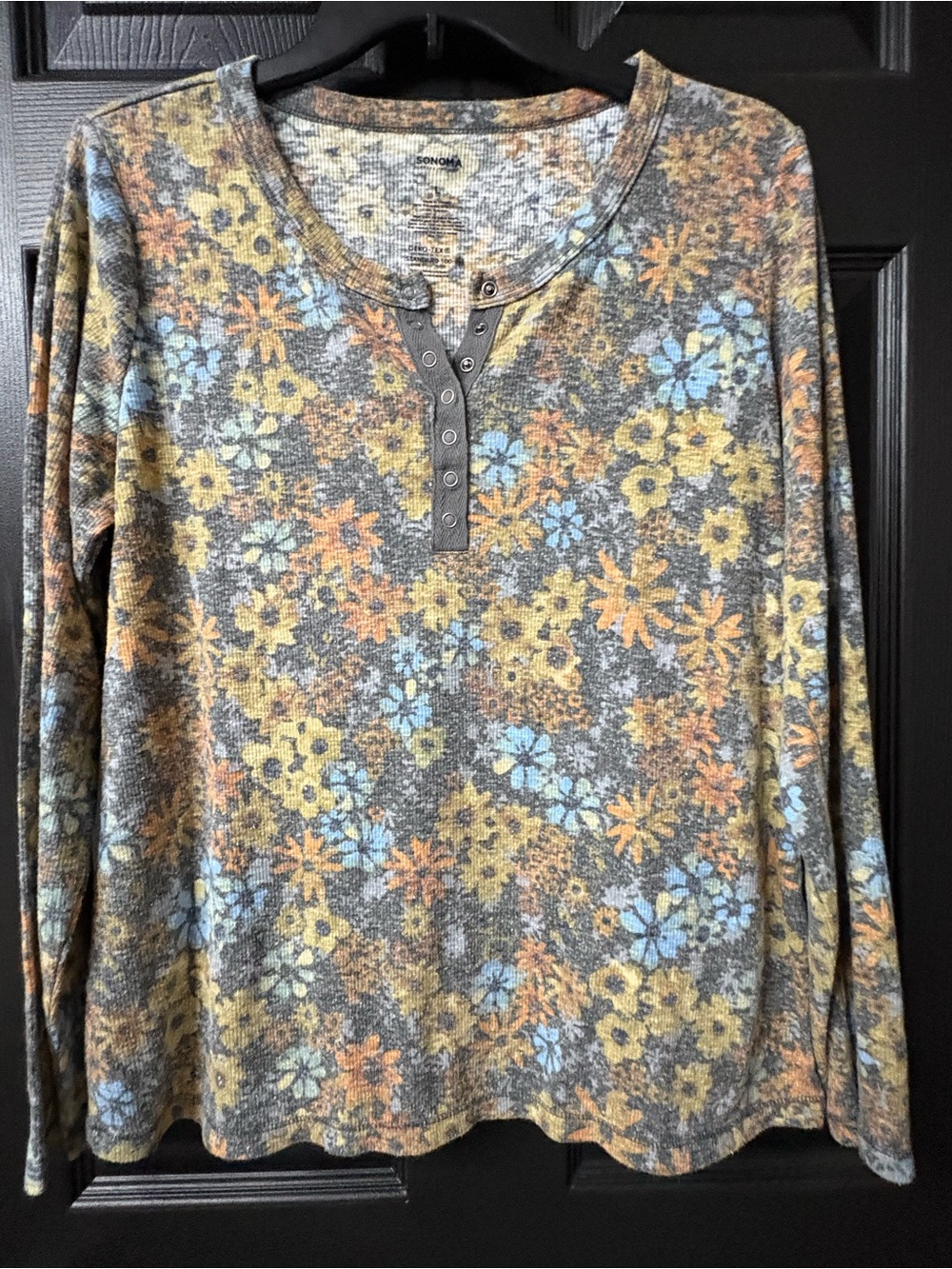 SONOMA Gray Henley Long-Sleeve Top with Yellow and Light Blue Floral Print